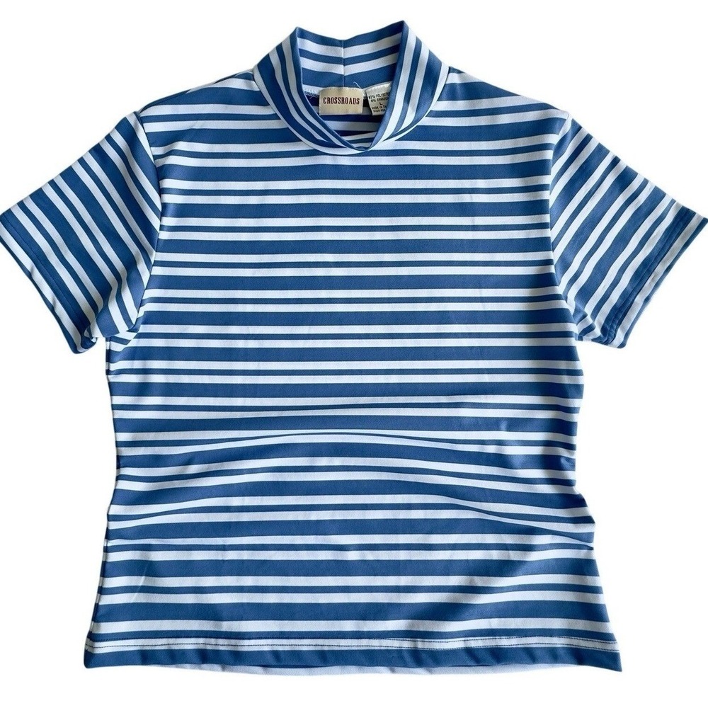 Crossroads Mock Neck Top Blue White Striped Preppy Coastal Nautical Large